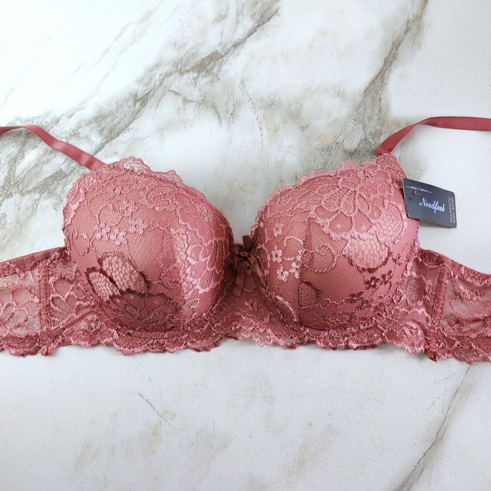 NWT Needfeel Pink Floral Lace Lightly Lined Padded Bustier Bra, 40C